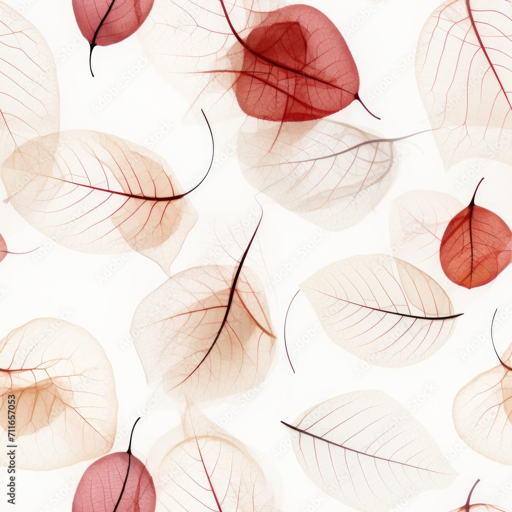 Poster seamless pattern with autumn colors foliage skeleton in a translucent texture on a white background
