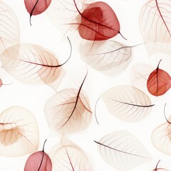 Seamless pattern with autumn colors foliage skeleton in a translucent texture on a white background