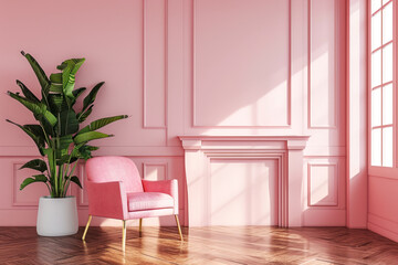 Pink living room with single chair- potted plant- wall panels and fireplace.