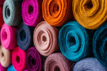 Rolled felt textiles in various colors from a side perspective