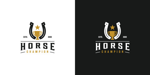 Creative Horse Champion Logo. Horse Shoes and Trophy with Vintage Label Style, Stamp, Emblem Retro Hipster. Horse League Logo Icon Symbol Vector Design Template.
