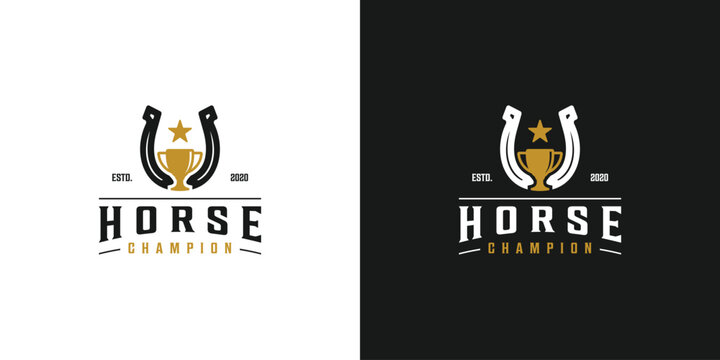 Creative Horse Champion Logo. Horse Shoes and Trophy with Vintage Label Style, Stamp, Emblem Retro Hipster. Horse League Logo Icon Symbol Vector Design Template.