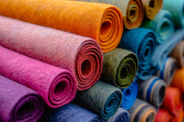 Rolled fabrics in various colors arranged neatly in rows