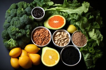 Top view of colorful assortment of fresh and nutritious vegetables and fruits on dark background
