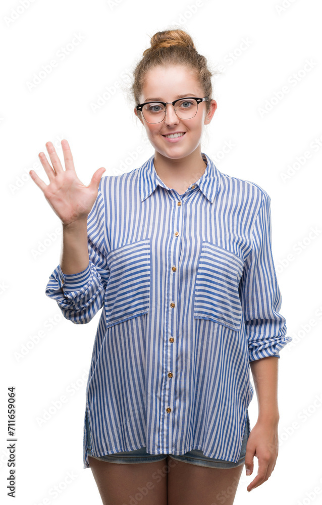 Canvas Prints Young blonde business woman showing and pointing up with fingers number five while smiling confident and happy.