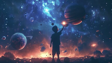 A Young Boy’s Cosmic Dream: An Enthralling Digital Art Illustration of a Journey through the Cosmos, Holding a Star Amidst Glowing Planets in the Night Sky