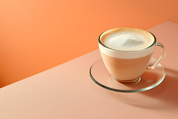 Fresh cappuccino in a peach fuzz toned cup on a soft coral background. Copy space