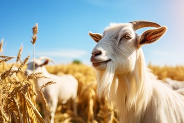 Scenic Shot of a Goat Grazing on a Sunlit Meadow under the Warm Middle Day Summer Sun