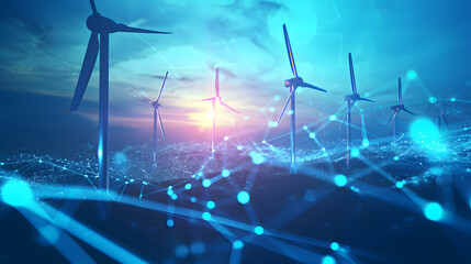 concept idea eco power energy. wind turbine on hill with sunset - obrazy, fototapety, plakaty