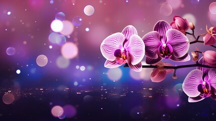 Fototapeta na wymiar Purple orchid on isolated magical bokeh background with copy space for text placement