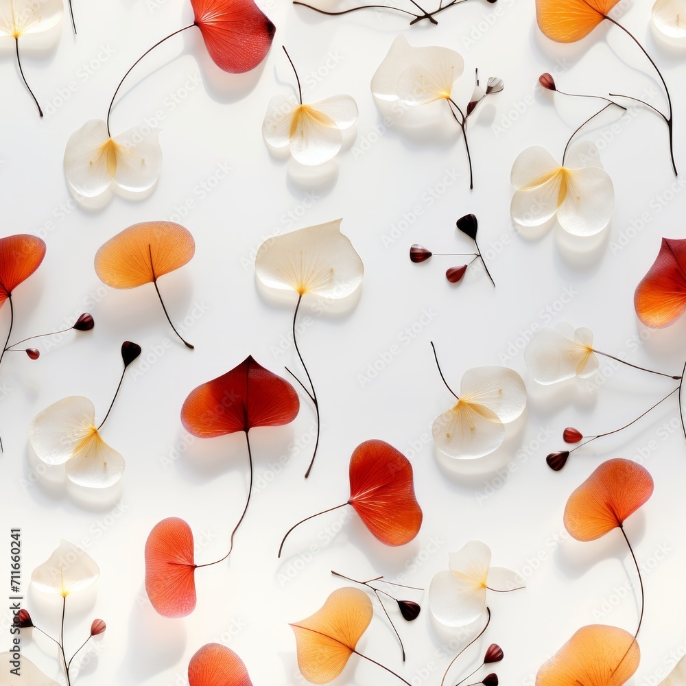 Poster seamless pattern of autumn colors foliage skeleton with translucent texture on white background
