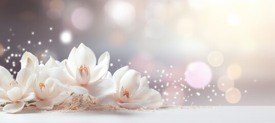 Graceful white magnolia blossom on isolated bokeh background with text placement space
