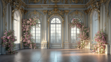 Fototapeta na wymiar Pink Roses on the Wall of Luxury Palace, Wedding Interior Background