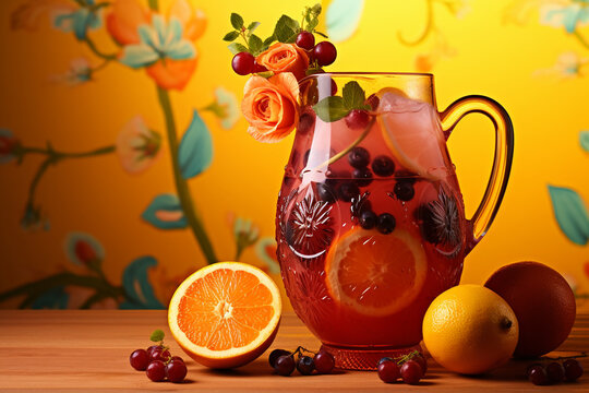 A fruity sangria in a pitcher, overflowing with berries, oranges, and slices of green apple, set against a warm coral background.