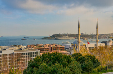 Nusretiye Mosque and Galata port scenic view from Sanatkarlar Park in Cihangir (Istanbul, Turkey)