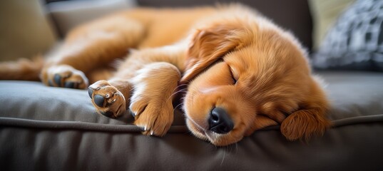 Cute dog sleeping comfortably on sofa with ample space for text on left top side of image