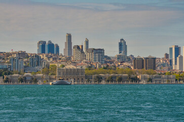 Fototapeta premium Dolmabahce palace and Istanbul scenic view from Uskudar pier on Anatolian side 