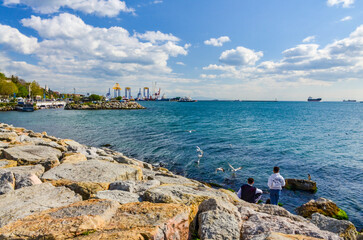 Haydarpasa port scenic view from Uskudar esplanade on Anatolian side of Istanbul, Turkiye