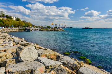 Haydarpasa port scenic view from Uskudar esplanade on Anatolian side of Istanbul, Turkiye