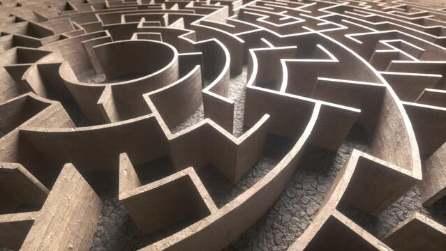 Maze Background. Huge Mysterious labyrinth. Circular maze. Labyrinth entrance. Challenge and problems concept. Problem solving, pathway, mental health or intelligence psychology. 3D Animation 4K