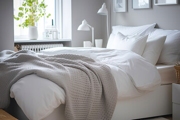 Design of a modern bedroom with a bed and snow-white bed linen, a cozy knitted blanket in soft gray color
