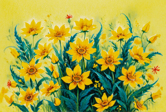 Beautiful Yellow summer flowers abstract forms in watercolor-style, painting, background. Mother s Day, 8 March, Happy Easter. Generative ai