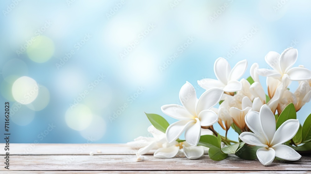 Poster white gardenia flower on isolated bokeh background with two thirds copy space on left side