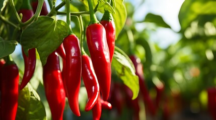 Abundant chili pepper harvest with ripe red peppers on a sunlit plantation during a warm summer day. - obrazy, fototapety, plakaty