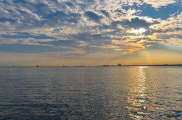 Bosporus evening view from Muhurdar Park promenade on Anatolian side (Istanbul, Turkiye)