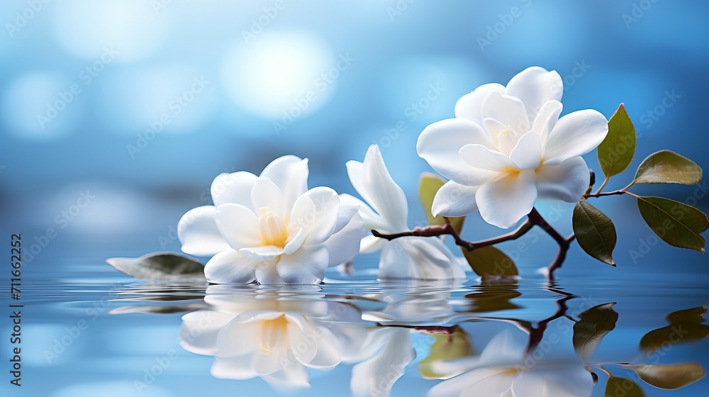 Poster white gardenia blossom on isolated magical bokeh background with copy space for text placement
