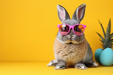 Obraz premium Hip Hop Bunny Funny Easter Concept Holiday Animal Celebration Greeting Card with a Cool Easter Bunny Rabbit Wearing Pink Sunglasses, Isolated on a Vibrant Yellow Background. created with Generative AI
