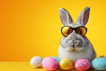 Dapper Bunny Delight Funny Easter Concept Holiday Animal Celebration Greeting Card with a Cool Easter Bunny Rabbit Wearing Pink Sunglasses and Bow Tie, Isolated on a Sunny Yellow Background. 