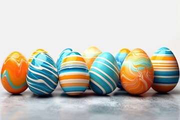 Fototapeta na wymiar Vibrant Easter Delight Celebration Banner Greeting Card with a Set Collection of Colorful Orange and Blue Painted Striped Easter Eggs, Isolated on a White Table Texture. created with Generative AI