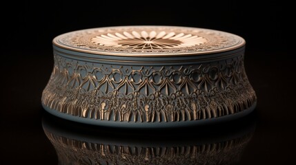 A highly detailed candle lid boasting an intricate mandala-inspired design, delicately placed in a corner setting - Generative AI
