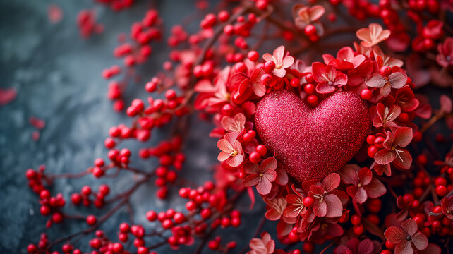 Red Heart and flowers on abstract background. Sweet and romantic moment. Valentines day concept	
