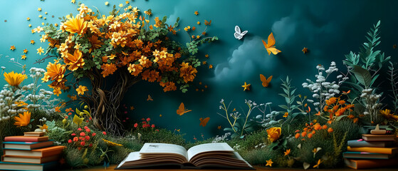 International book day concept with beautiful paper art forest and books. Literacy, education, eco life, knowledge, climate change. World earth day concept. Save the planet.
