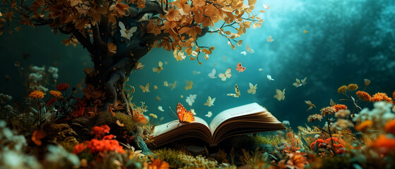 Beautiful header of a fantasy forest with trees, flowers, butterflies and an open book. Book day concept. Wonderland, education, literacy, knowledge and dreaming concept.