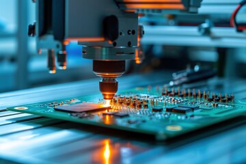 Close-up of semiconductor computer chips being manufactured and attached to a surface with a pick and place machine