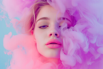 Young woman surrounded by a purple pink cloud of smoke on pastel blue background. Abstract fashion concept. Close-up portrait of top model. young woman in pink dress with smoke in studio