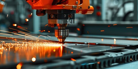 CNC robots Laser cutting of metal in modern industrial - obrazy, fototapety, plakaty
