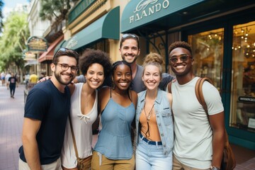 A group of friends posed for a group photo in front of the outdoor brand store, showing their friendship and fashion taste, parallax photography,