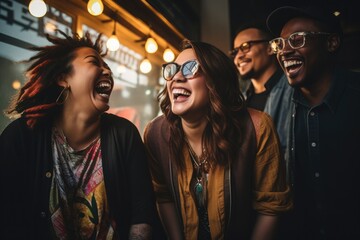 A group of people of different nationalities laughing, color, award winning photography, film still, medium shot, high sharpness, shallow depth of field, ultra-detailed photography