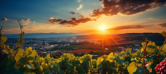 Golden sunlight on lush grapevines in a picturesque vineyard, perfect for wine promotions
