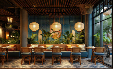 Fototapeta na wymiar restaurant interior design Tropical Style Generative AI