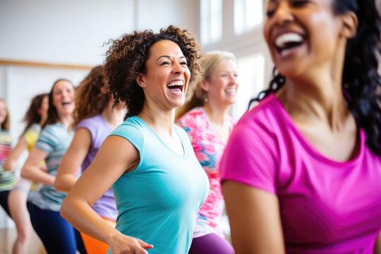 A photo realistic image of a group of ladies dancing and having fun in a salsa lady styling workshop. The ladies are wearing gym clothes, happy and girly colors. 