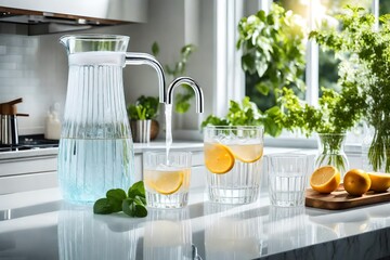 Quench your visual thirst as you picture a glass of water and a jug on a kitchen counter, each element bathed in perfect lighting. 

 - Powered by Adobe
