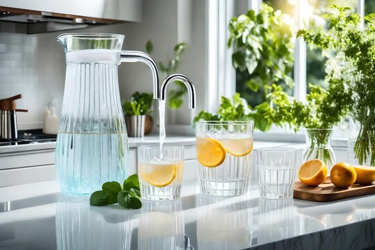 Quench your visual thirst as you picture a glass of water and a jug on a kitchen counter, each element bathed in perfect lighting. 

