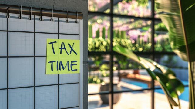 Sticky note with "TAX TIME" attached to a calendar in a home office with a view of a garden generative ai