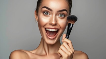 Shiny ideal perfect lady silky eyelashes artist girlish feminine nude concept. Portrait of excited astonished lady using perfect brush for makeup, beauty, cosmetics, skincare