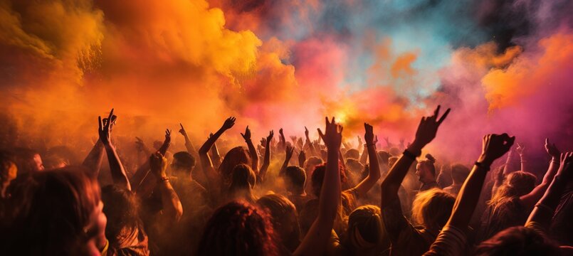 Captivating music festival scene with lively crowds and sunlit haze, ideal for event branding.